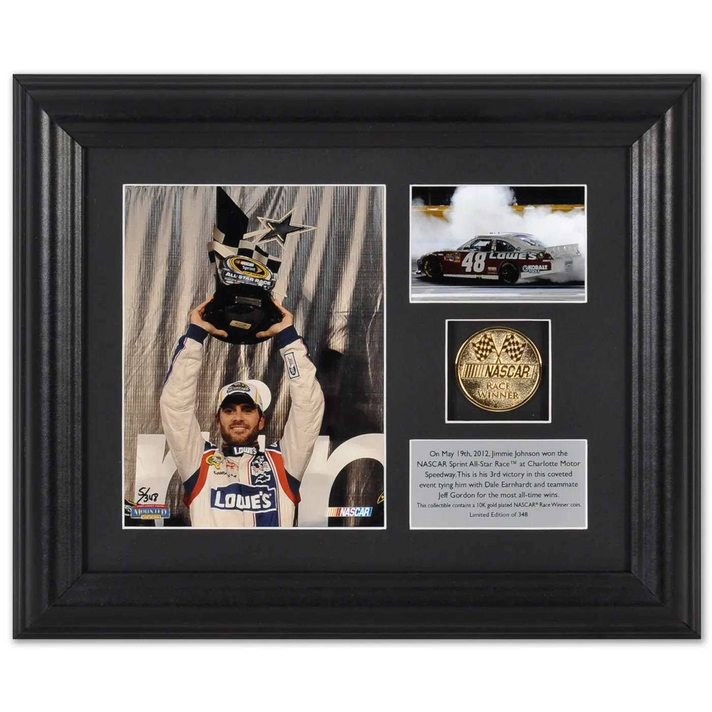 Hendrick Motorsports Jimmie Johnson #48 2012 All Star Win Framed 6X5 & 3 1/2 X 2 1/2 photos and race winner 10K gold plated coin