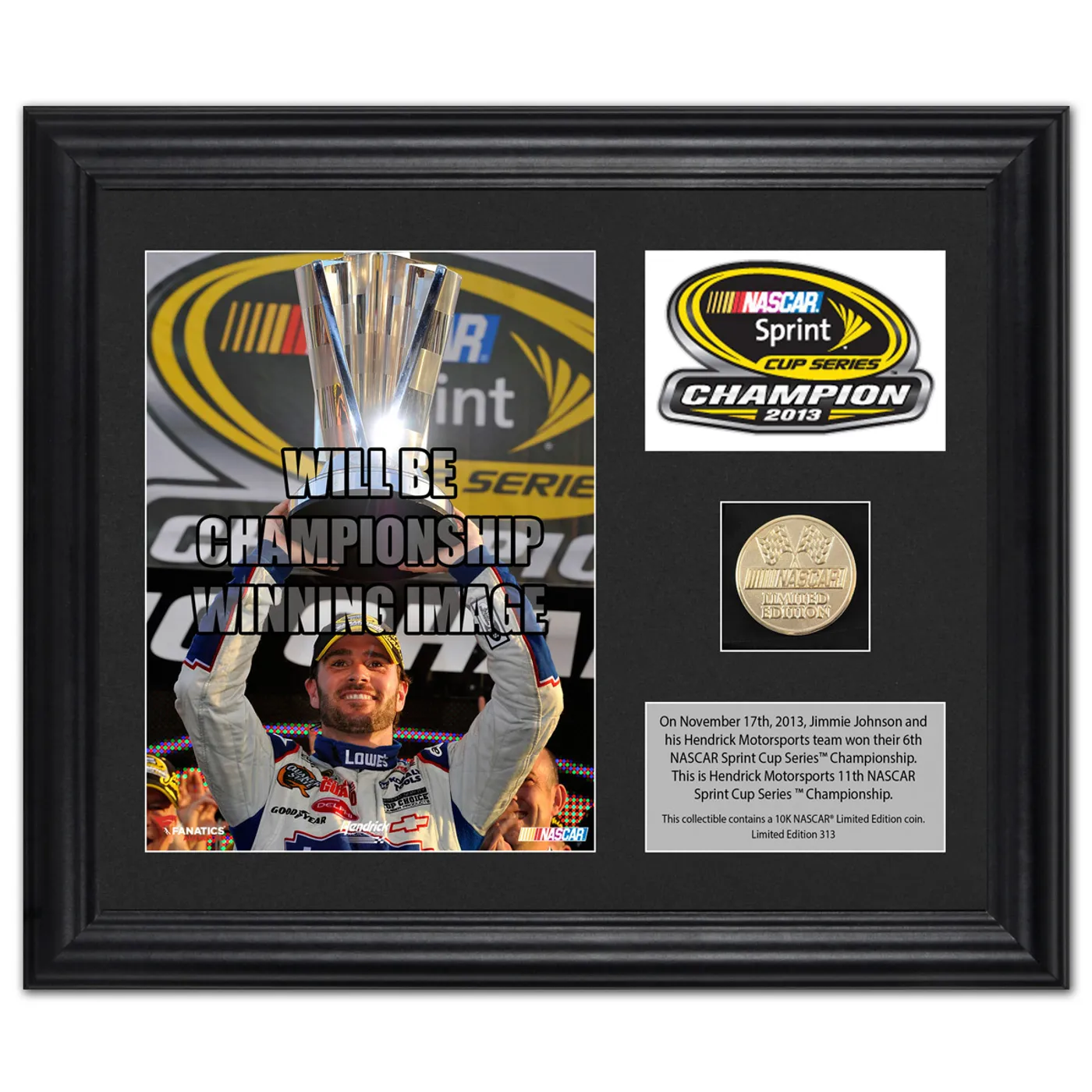 Jimmie Johnson #48 2013 Sprint Cup Champion Framed 2-Photo Collage w/ Gold-Plated Coin, Descriptive Plate - L.E. of 348