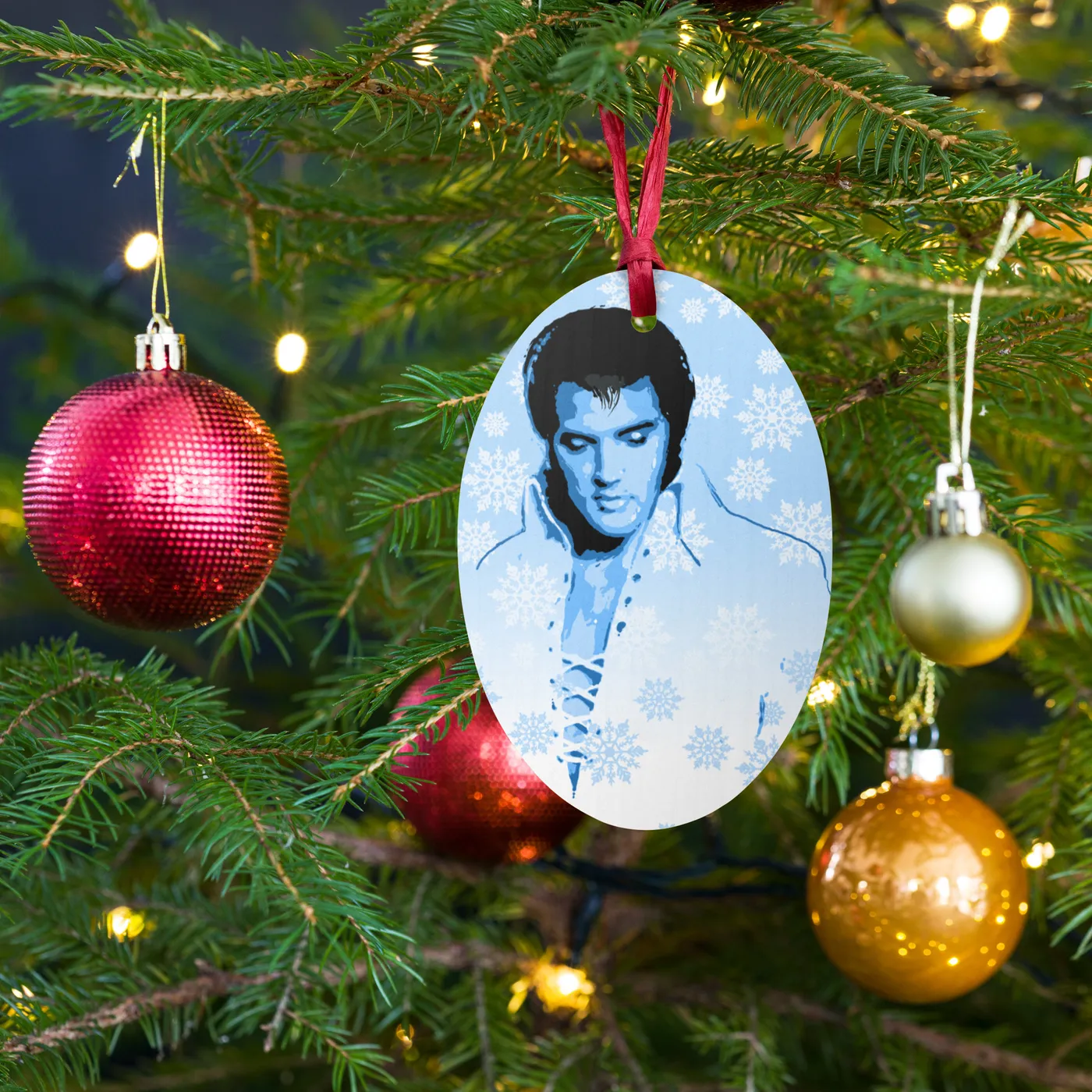 Elvis Presley Blue Christmas Wooden Ornament