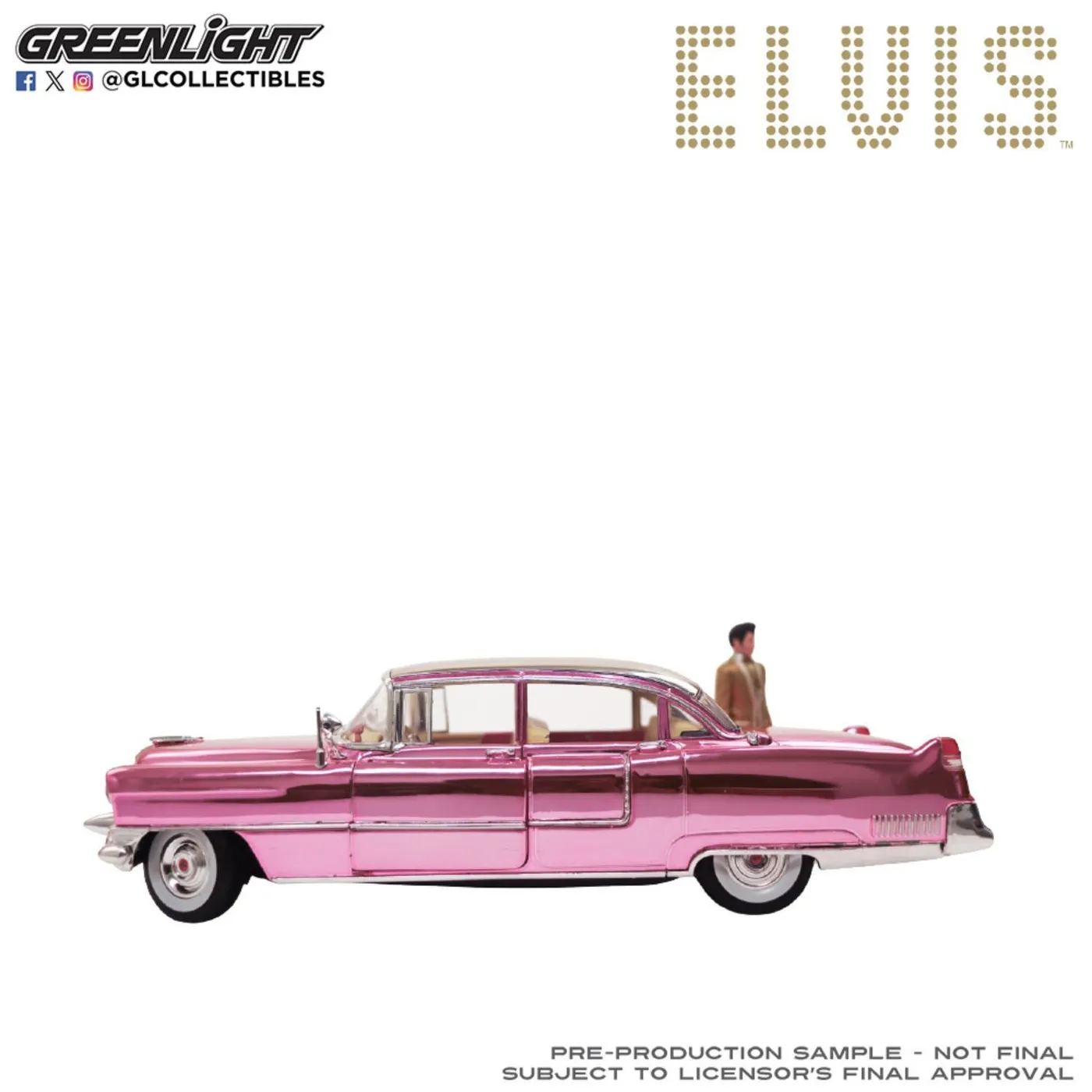 1955 Cadillac Fleetwood Series 60 "Pink Cadillac" Chrome Edition with Elvis Presley Gold Suit Figure 1:18 Die-Cast