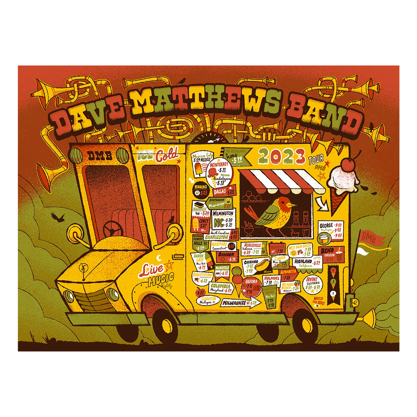 Dave Matthews Band 2023 Summer Tour Date Poster - Ice Cream
