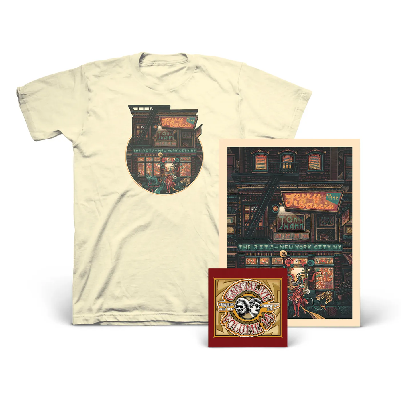 **SOLD OUT** Jerry Garcia & John Kahn – GarciaLive Volume 14: 01/27/86 CD or Download, Poster, & Organic T-Shirt Bundle