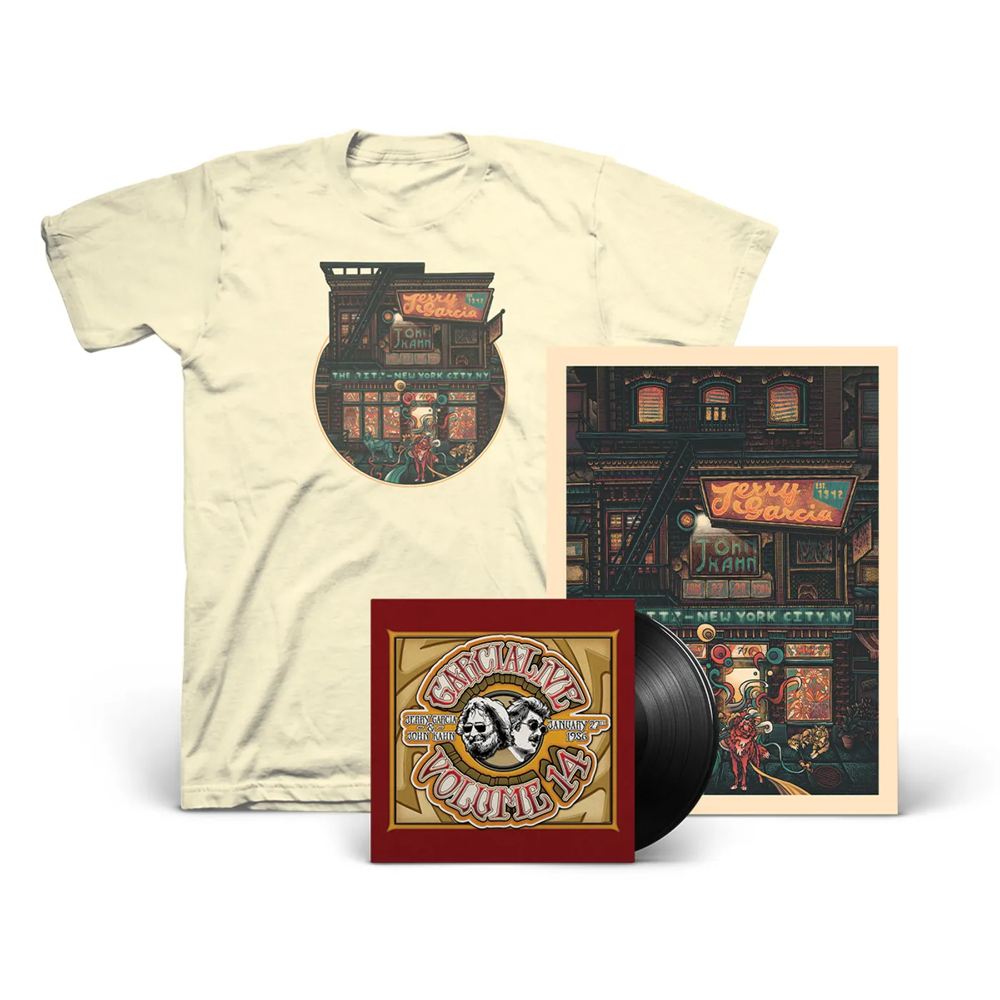 **SOLD OUT** Jerry Garcia & John Kahn – GarciaLive Volume 14: 01/27/86 2-LP Set, Poster, & Organic T-Shirt Bundle