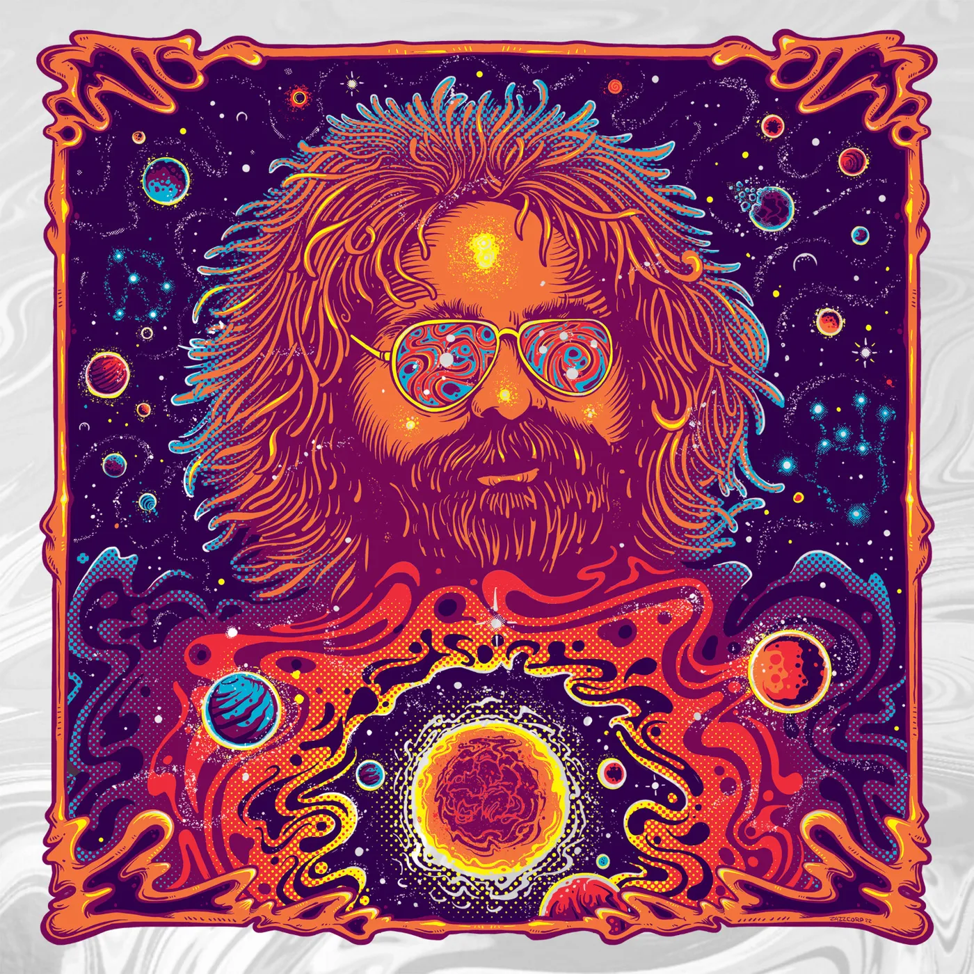 Jerry Garcia Bicycle Day 2022 (White Foil) - limited edition print by Helen Kennedy (ZazzCorp)