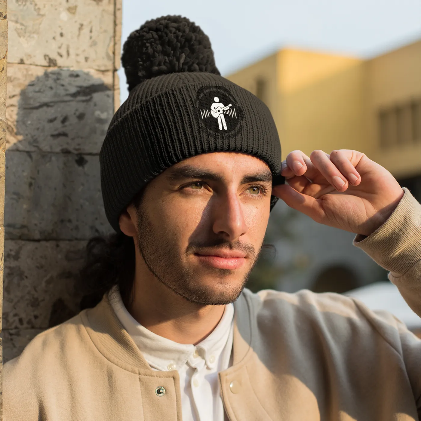 Playing For Change Black and White Logo Pom Pom Beanie