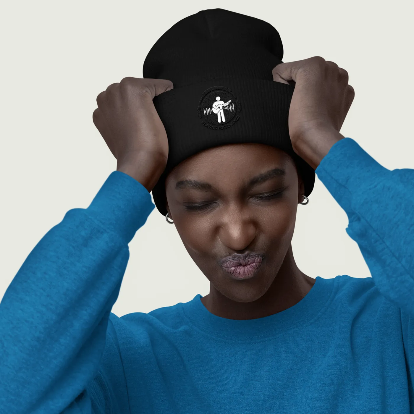 Playing For Change Black and White Logo Cuffed Beanie