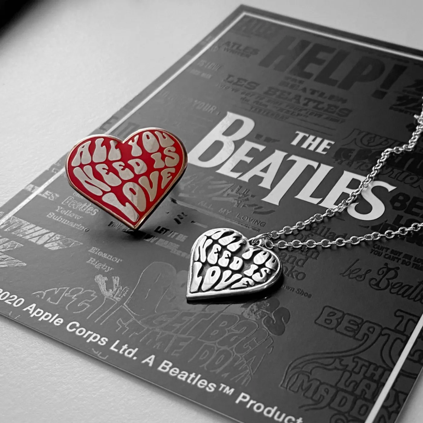 The Beatles All You Need Is Love Necklace & Enamel Pin Set
