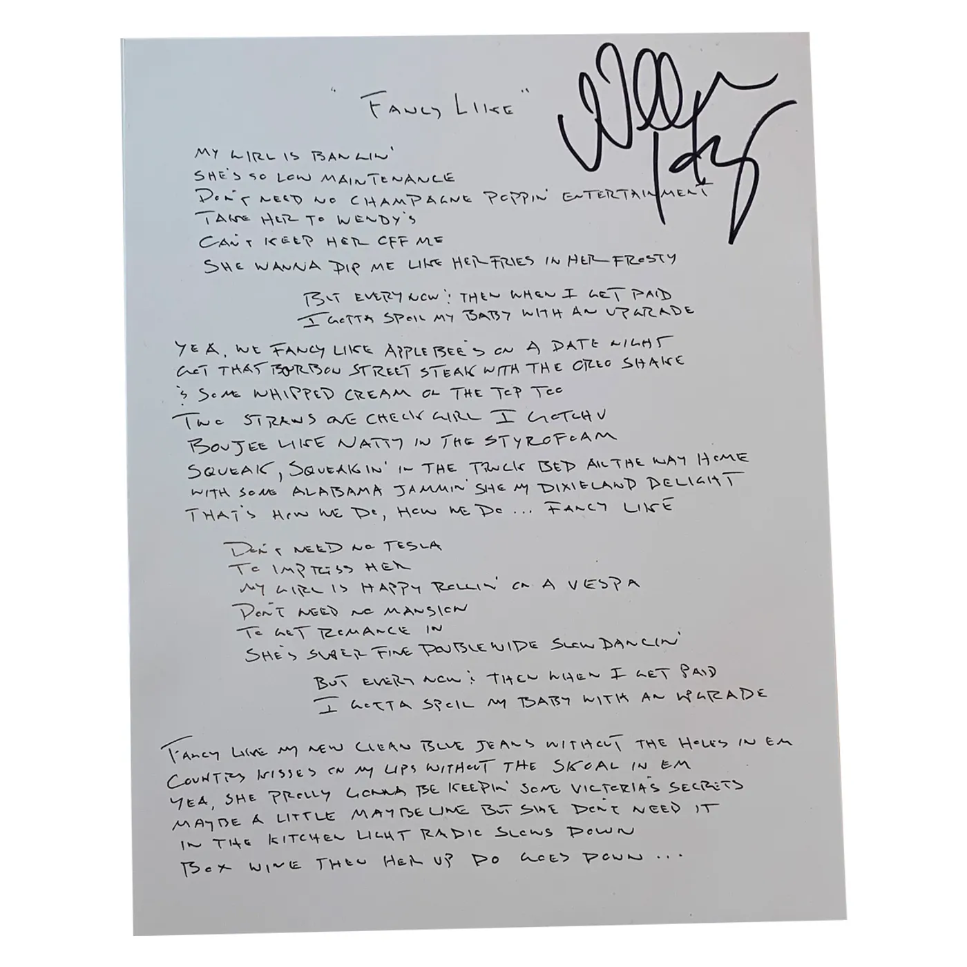 Walker Hayes Limited Edition SIGNED ‘Fancy Like’ Lyric Sheet