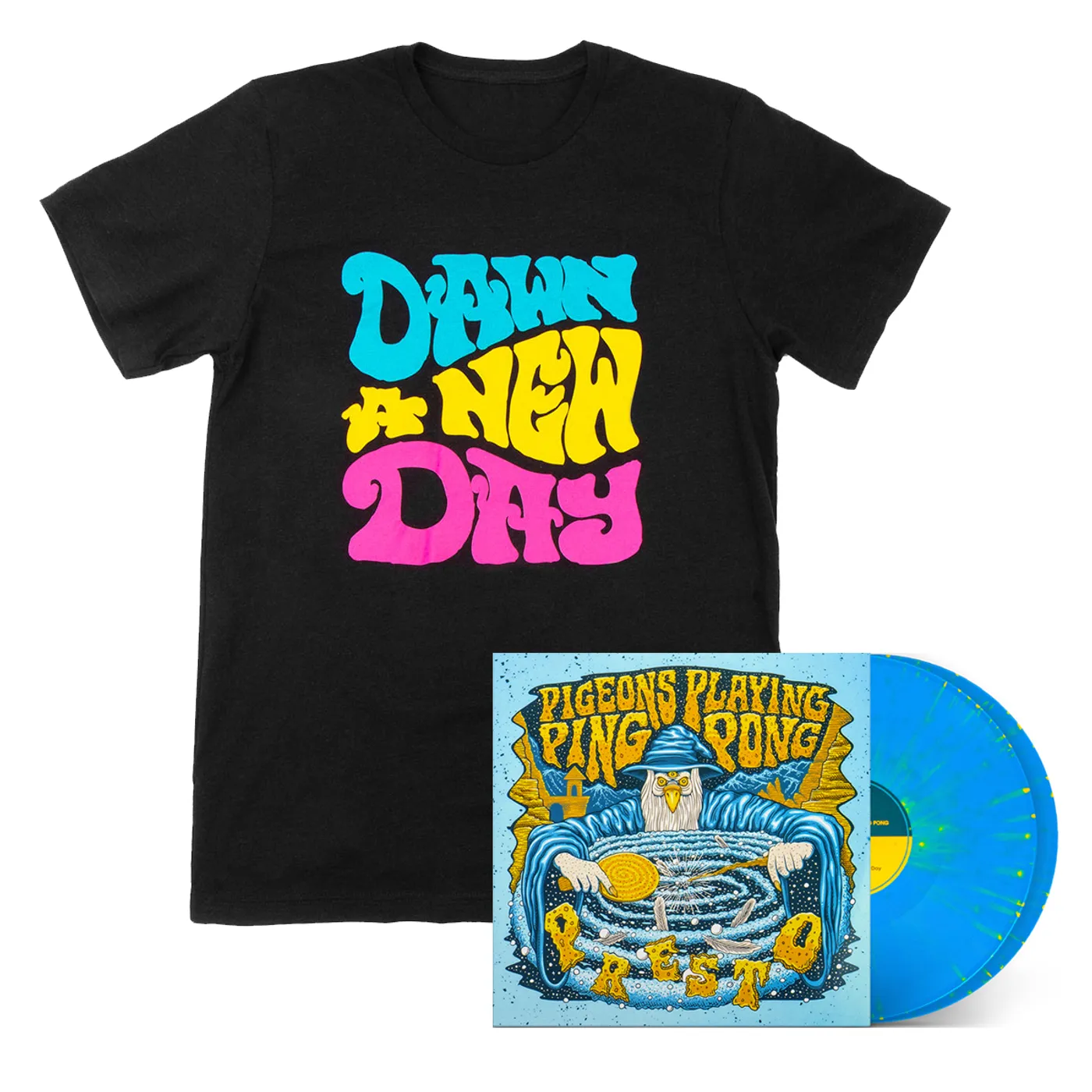 Pigeons Playing Ping Pong 'Presto' / "Dawn A New Day" T-shirt Bundle