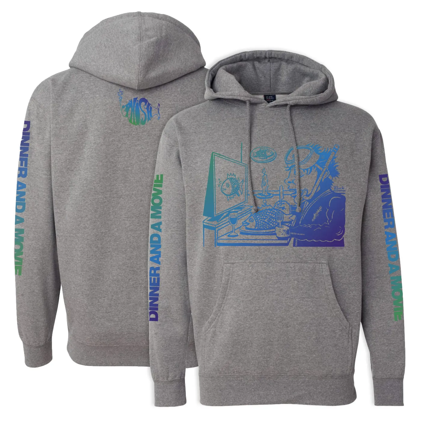 Phish Dinner And A Movie Pollock Heavyweight Hoodie on Heather Grey