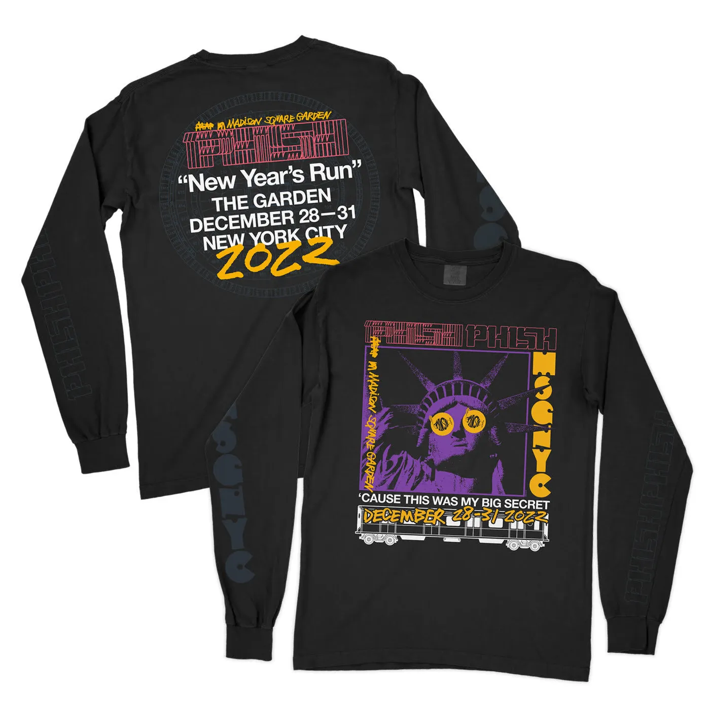 Phish Ghost Of Lady Liberty NYE 2022 Heavy Long Sleeve Tee on Washed Black