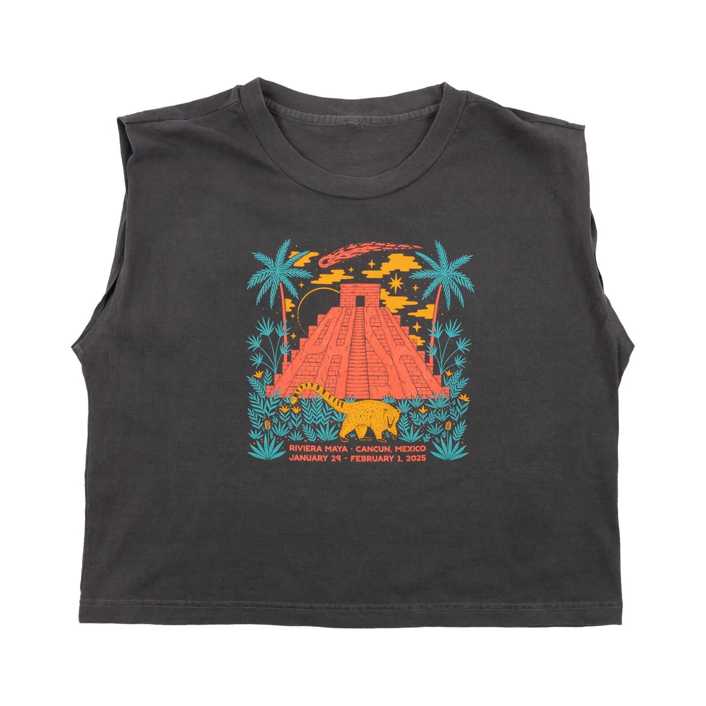 Phish Womens Coati Asteroid Discovery Sleeveless Crop Tee on Faded Black