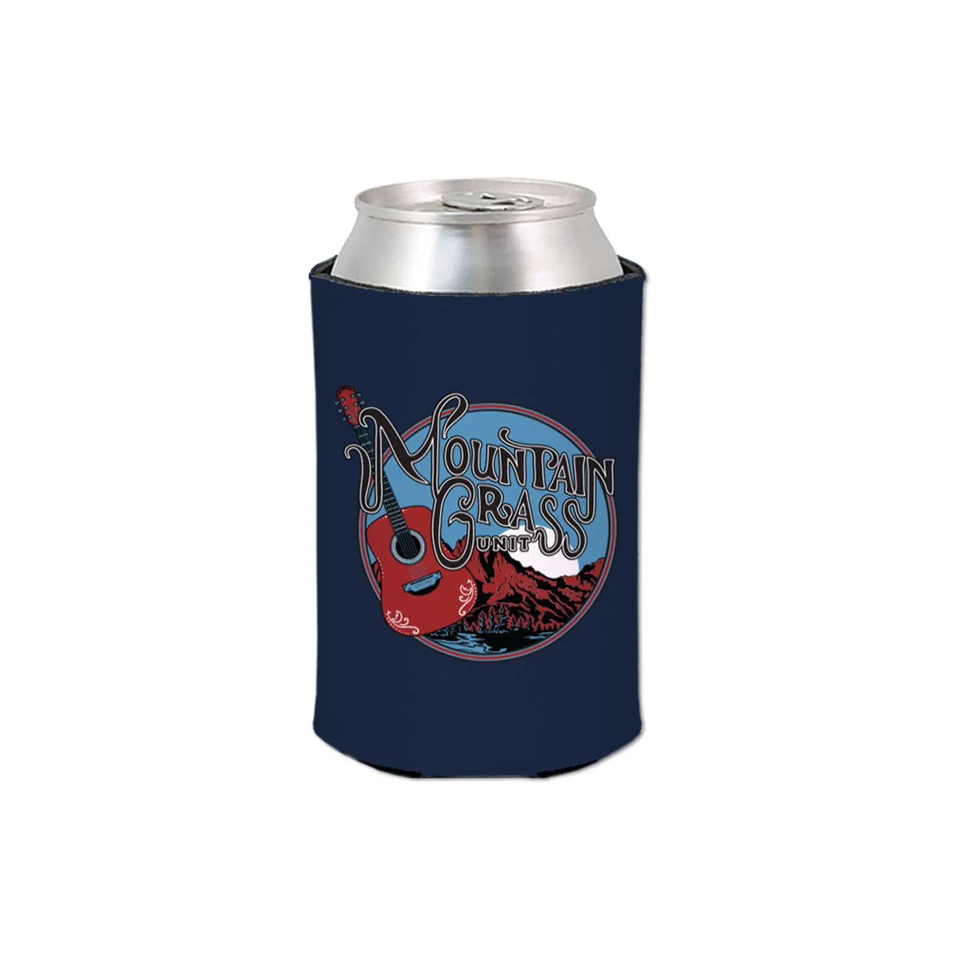 The Mountain Grass Unit Mountain Guitar Logo Can Cooler - Navy