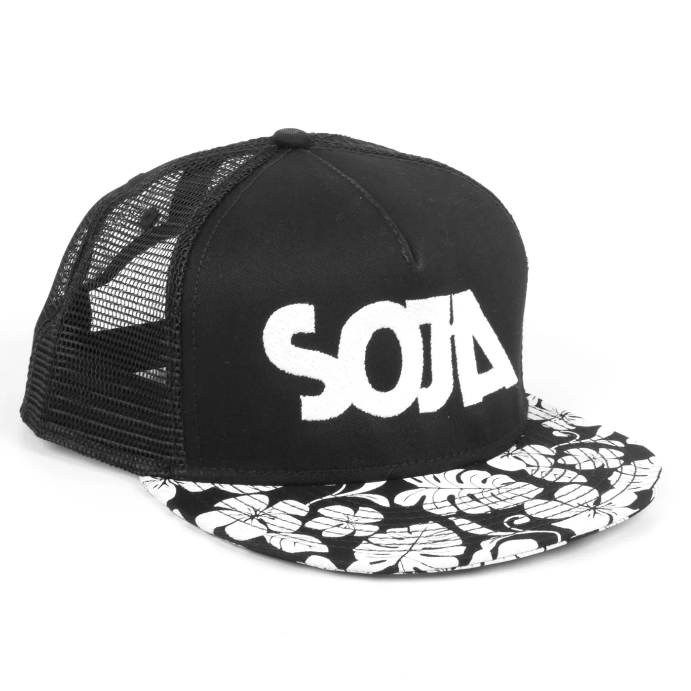 SOJA ADJ Black Hat with SOJA on front and White Flowers