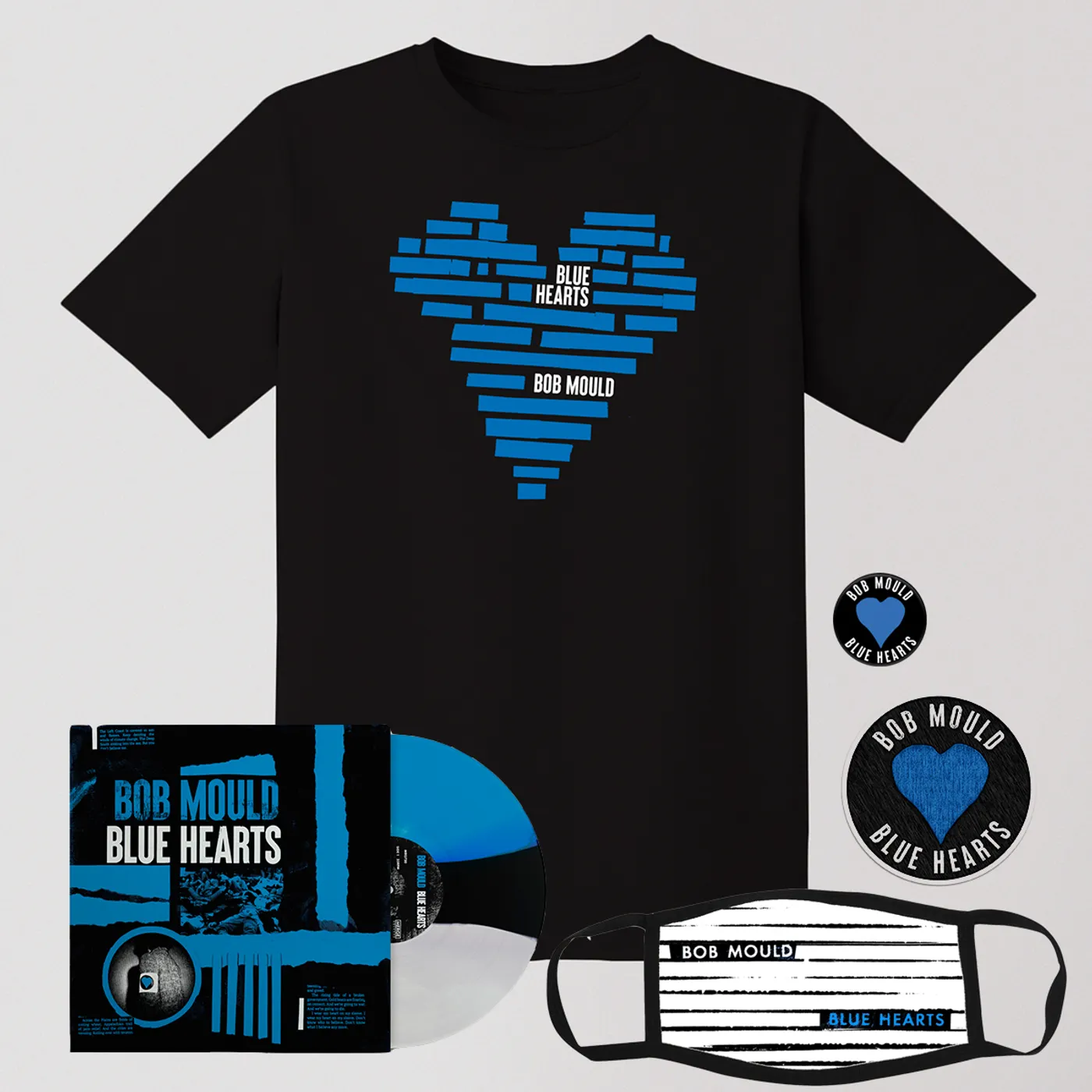 Bob Mould Blue Hearts Big Bundle - LP + Tee Shirt + Patch + Button + Face Mask