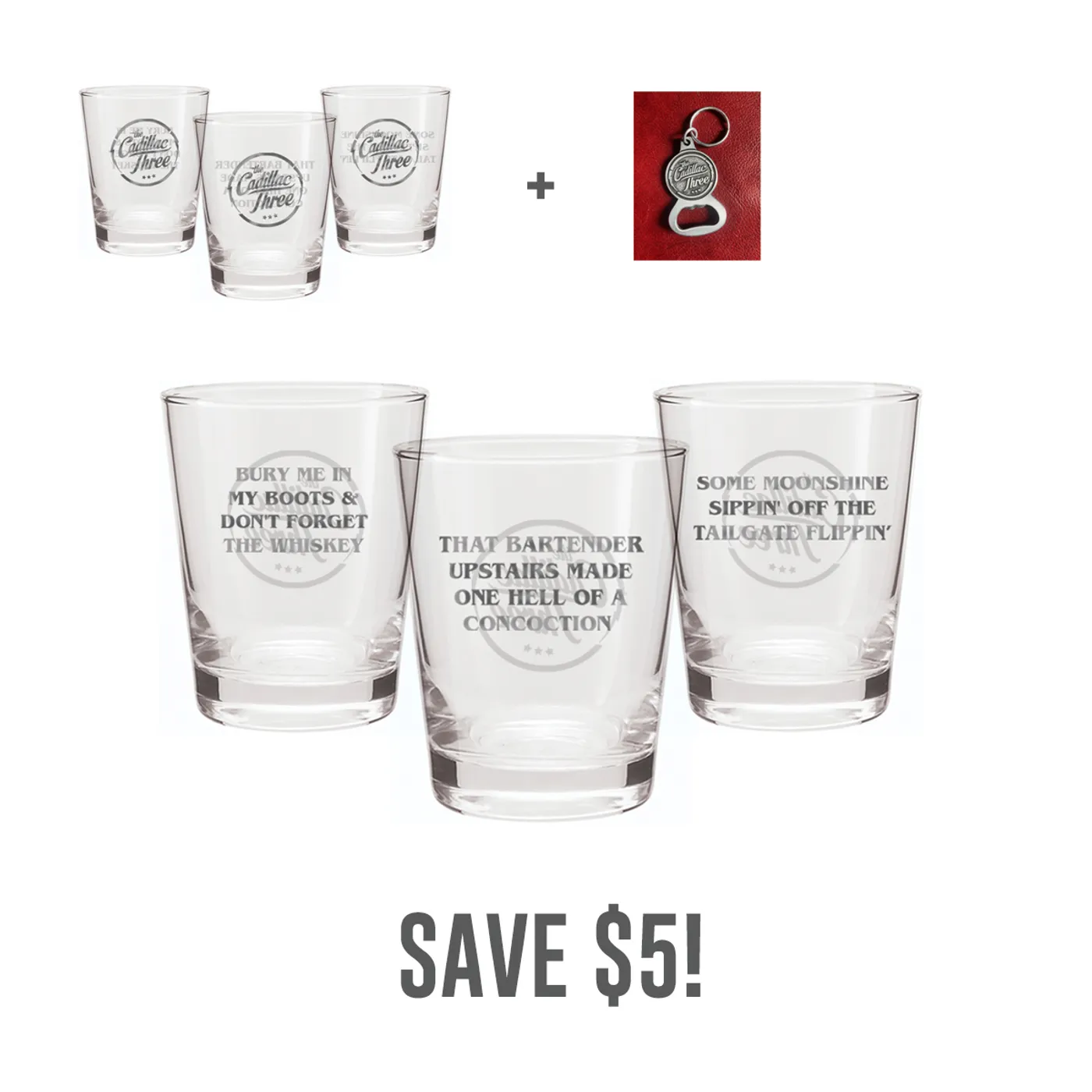 The Cadillac Three TC3 WHISKEY GLASS SET & BOTTLE OPENER KEYCHAIN BUNDLE