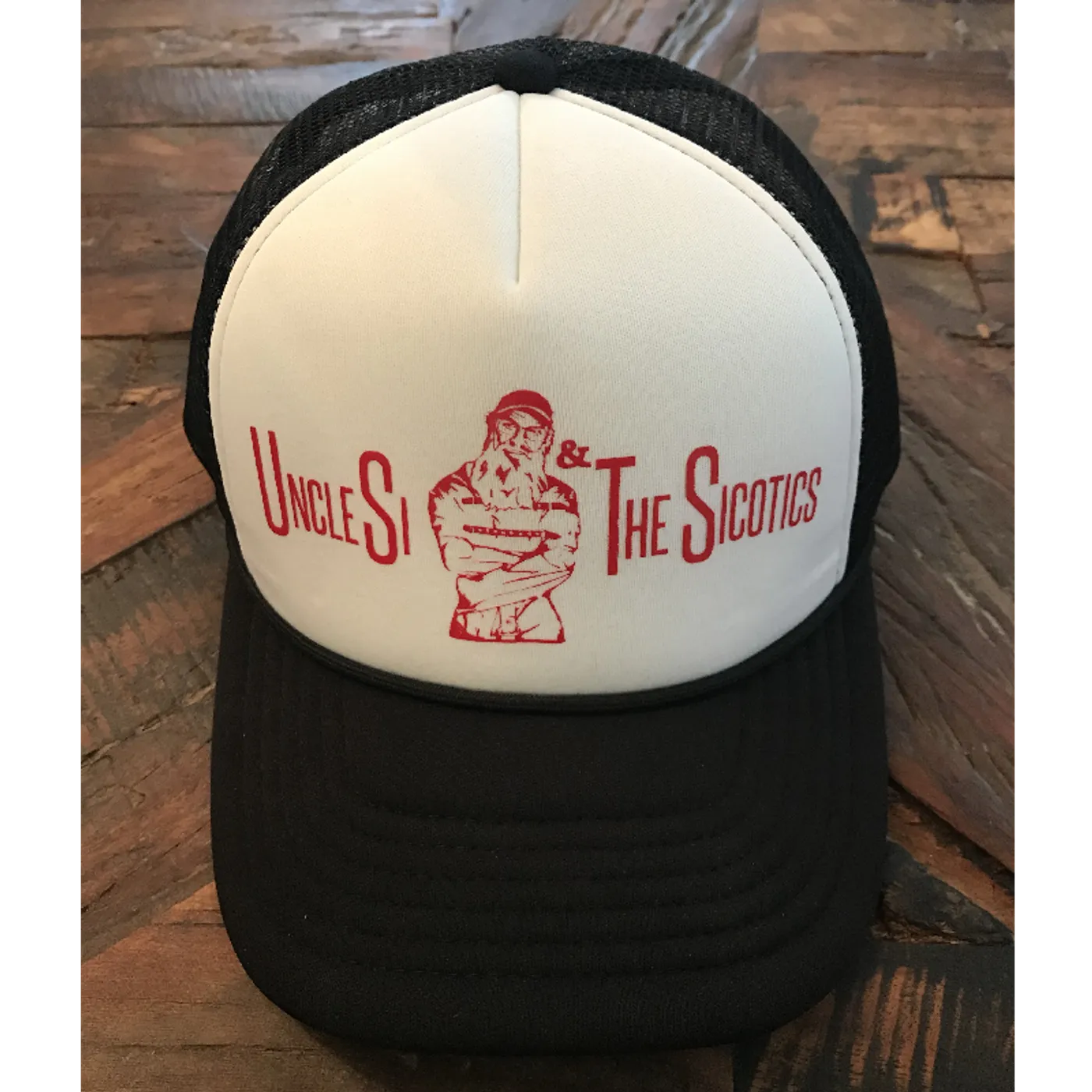 Uncle Si and the Sicotoics Uncle Si and the Sicotics White and Black Trucker Hat- Red Imprint