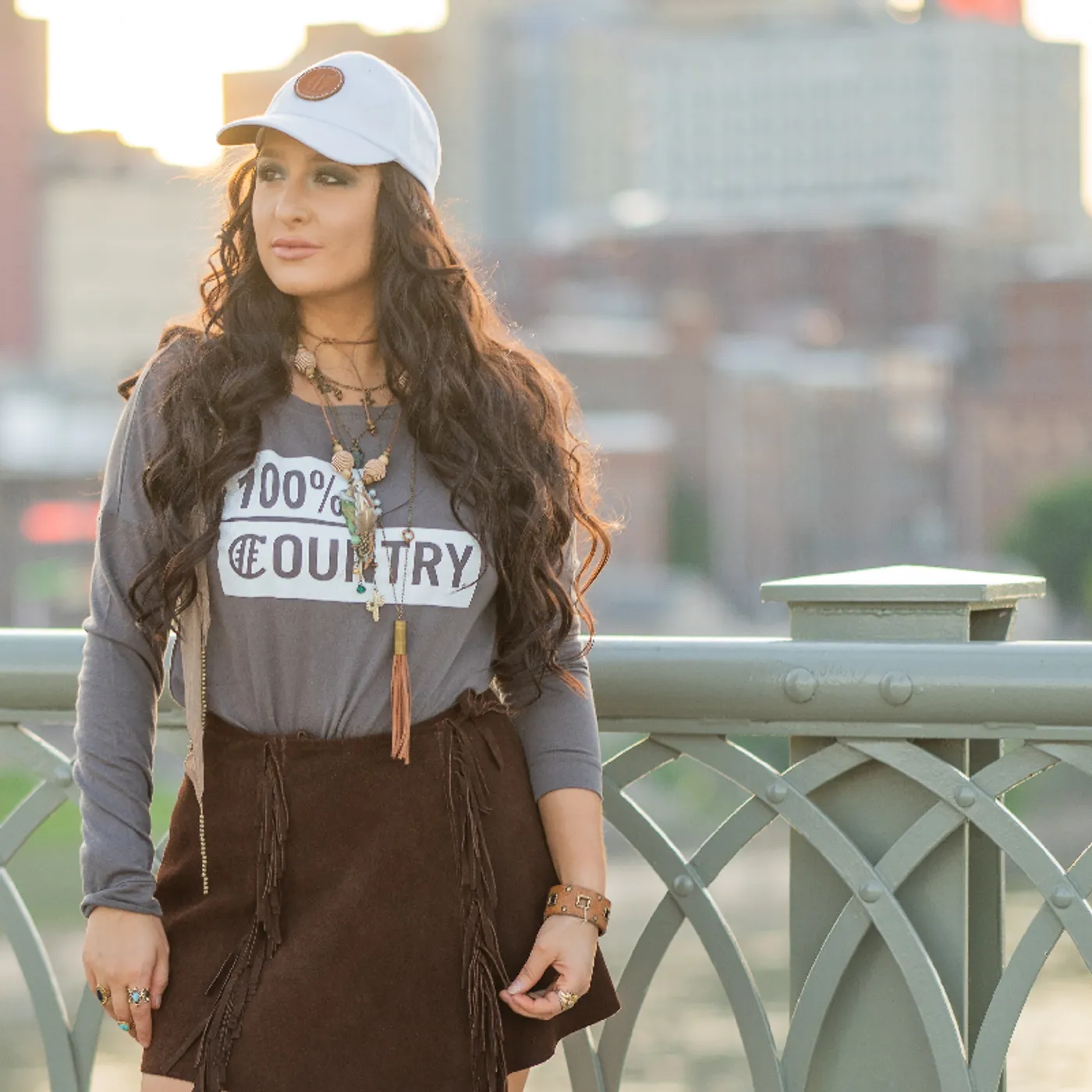 Hashtag Country Ladies Long Sleeve 100% Country Charcoal Tee