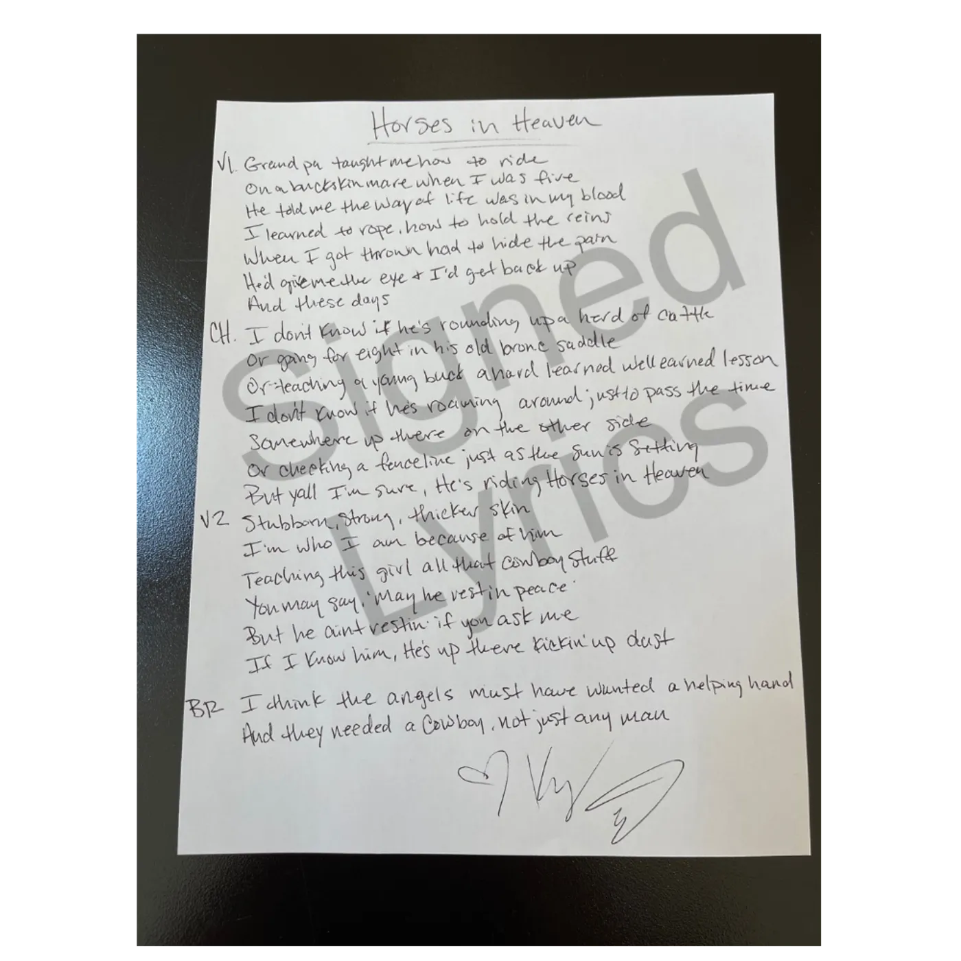  Kylie Frey Handwritten/Signed Lyric Sheet- Horses in Heaven -PRE ORDER