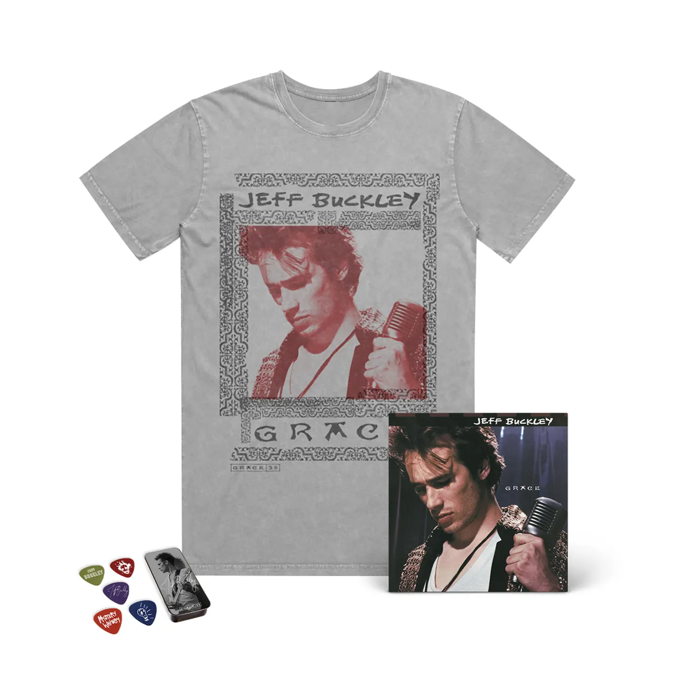 Jeff Buckley Grace 25th Anniversary Tee + Guitar Pick Tin + CD or LP