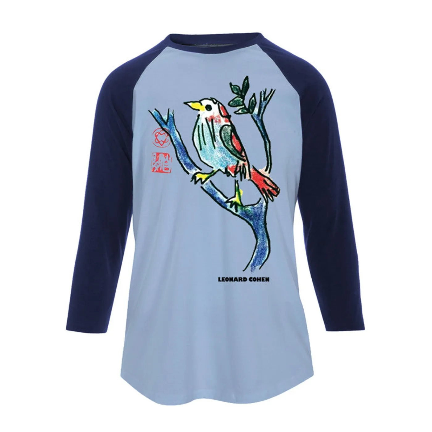 Leonard Cohen LONGING Ladies Baseball T-Shirt Sky Blue & Navy