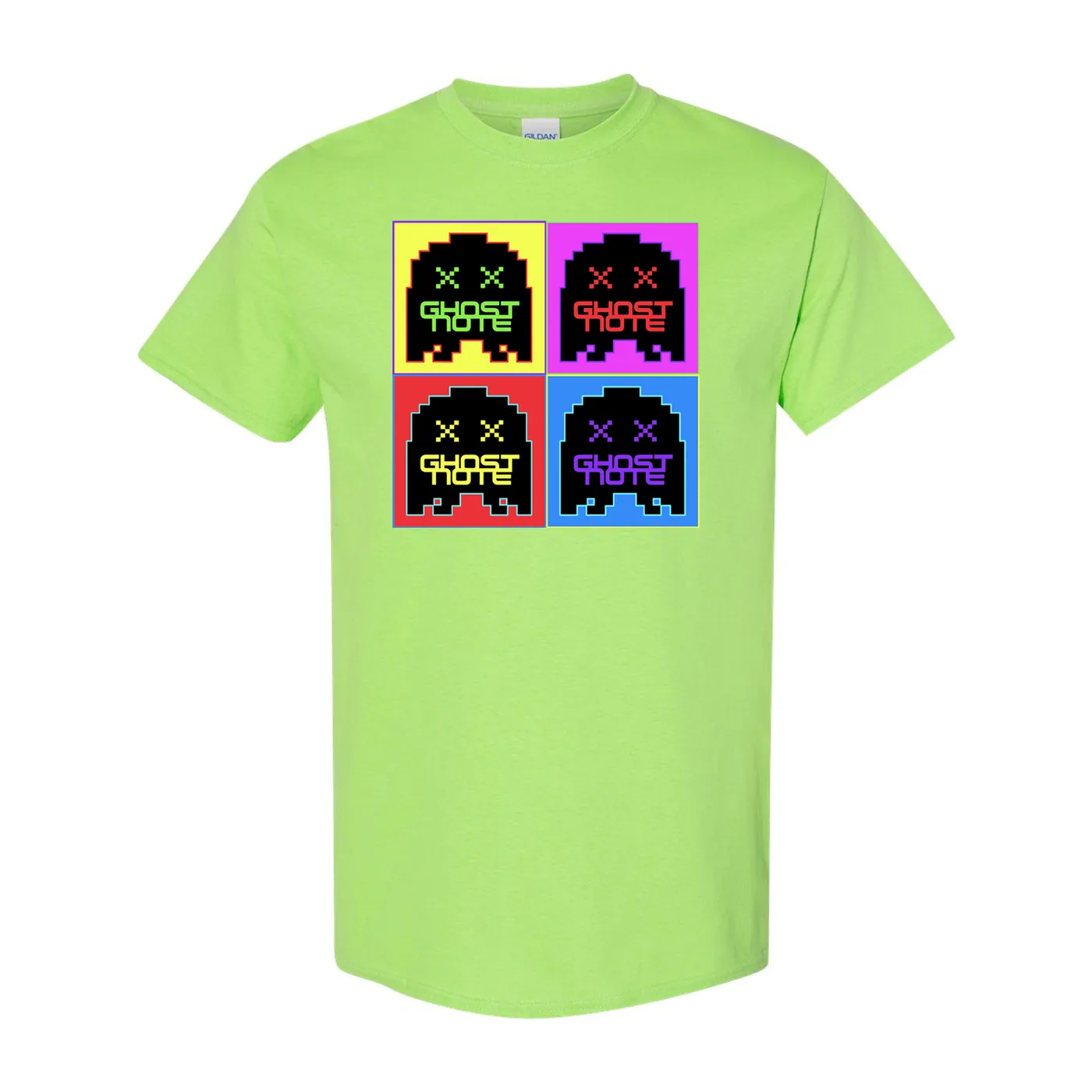 Ghost-Note - 7 Color Quadrant Logo on Neon Lime Green Unisex Tee