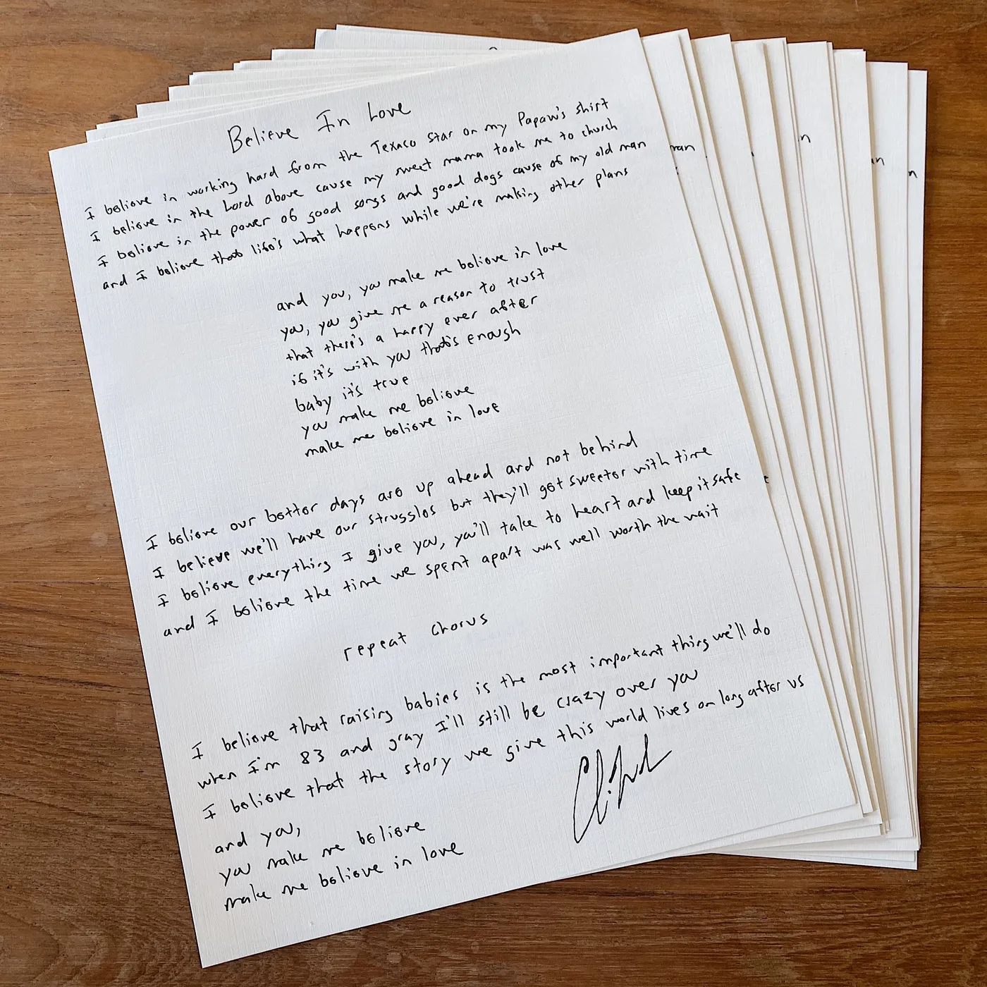 Charlie Worsham "Believe in Love" Handwritten Lyric Sheet