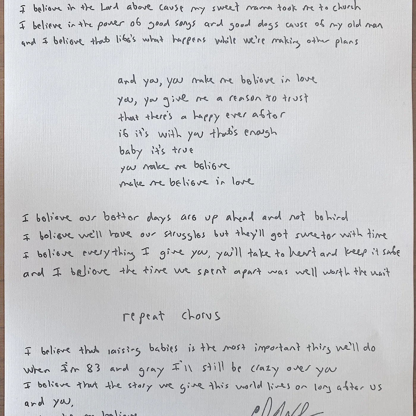 Charlie Worsham "Believe in Love" Handwritten Lyric Sheet