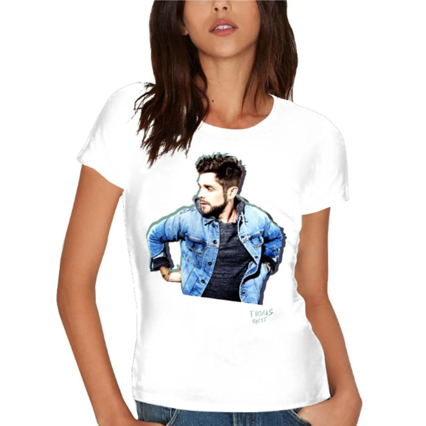 Thomas Rhett Blue Jacket on Women's White Tee
